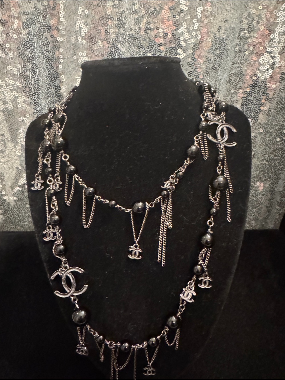 CHANEL Black Beaded Multi-Drop Logo Necklace with Silver-Tone Hardware